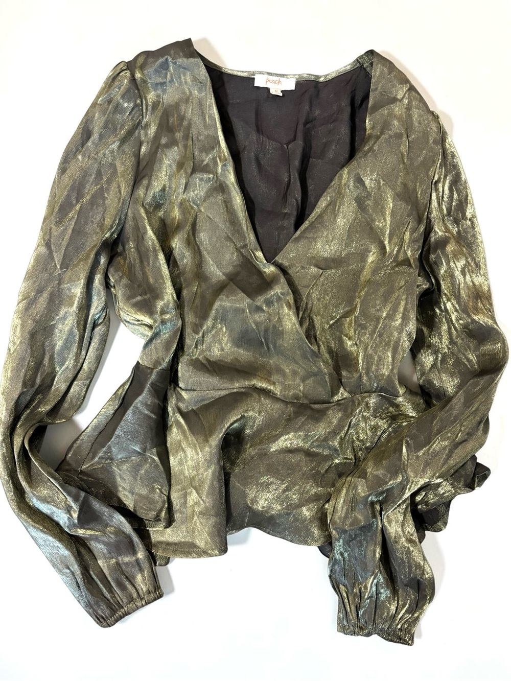 Metallic Olive Gold Top Y2K Peplum Blouse Going Out Elegant Faux Wrap M